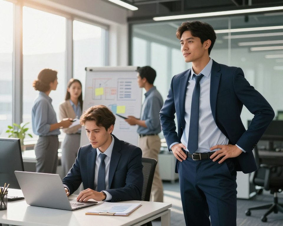 A dynamic office scene depicting the contrast between leadership and management. In the foreground, a confident leader, dressed in a professional suit, stands with hands on hips, exuding charisma and vision, while a focused manager, in business attire, is seated at a desk analyzing data on a laptop, representing execution and organization. The middle layer shows a diverse team engaged in collaborative discussions, brainstorming on a whiteboard filled with ideas. The background features a modern office with large windows letting in warm sunlight, creating an inviting atmosphere. A subtle blend of blue and green tones reflects harmony and growth. The angle should be slightly tilted to create depth, emphasizing the balance between leadership and management. The mood is energetic yet focused, highlighting the importance of both roles in a thriving organization.